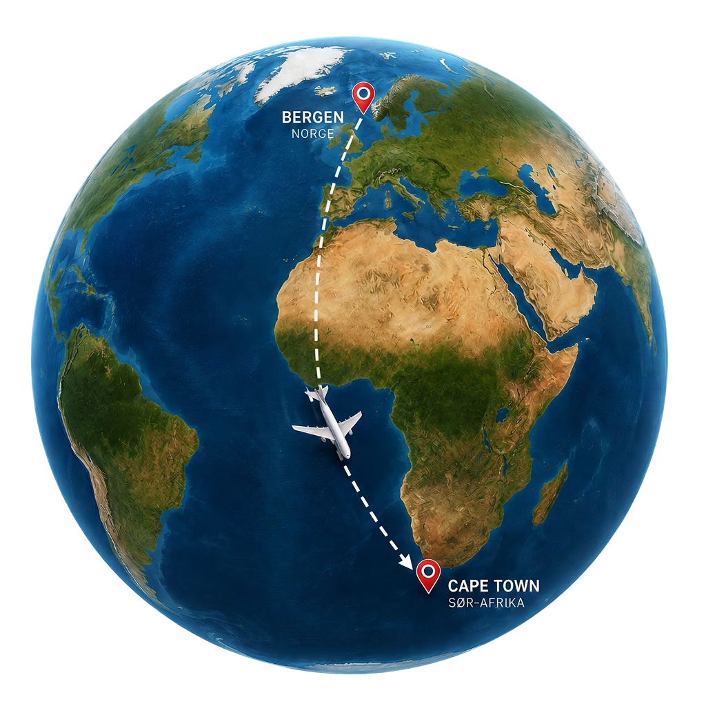 Rute fra Bergen til Cape Town vist på en globus